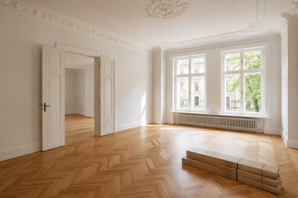altbau-fluegeltueren-sprossenfenster.webp Heller Altbauraum mit weißen Flügeltüren, hohen Sprossenfenstern und Fischgrätparkett aus Eiche